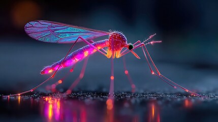 Mosquito glowing with neon aura emitting radiant light, detailed macro close-up capturing insect detail in surreal luminous dark ambient