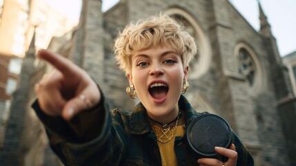 Excited young woman with short blond hair passionately singing outdoors.