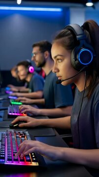 Caucasian woman plays video game in esports arena, serious concentrated gamer using computer for online gaming competition Vertical video