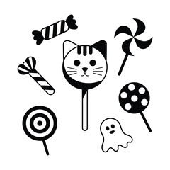 A delightful collection of thin line vector icons representing various candies and sweets.