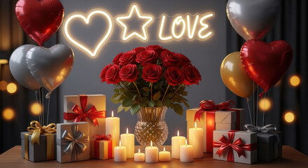 Valentine's day celebration with roses, gifts, balloons, and neon lights