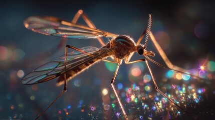 Mosquito flying near neon sparkles emitting radiant light, detailed macro close-up showing insect detail and surreal luminous fantasy light effects