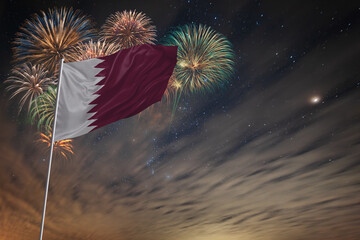 Waving National flag of Qatar and holiday fireworks
