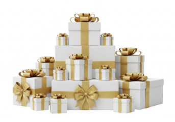 Stack of white gift boxes with gold ribbons isolated on transparent background