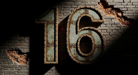 Rusty Metal Number Six on Weathered Brick Wall with Broken Sections in Dark Light