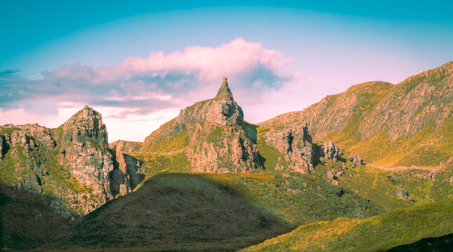 A view from the Quiraing, a rugged landform on the Isle of Skye in Scotland popular with hikers.