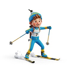 Obraz premium A cartoon female biathlete races through the snow on skis with poles and a rifle, demonstrating determination and energy in the Winter Olympic sport