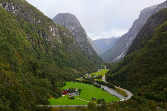 Stalheim Valley in Norway with Red House and River