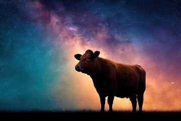 Silhouette of a brown cow against a vibrant night sky filled with stars and cosmic colors.