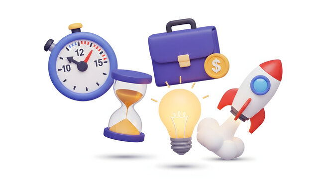 3D Business Success Elements Stopwatch Briefcase Hourglass Lightbulb and Rocket Launch. - Powered by Adobe