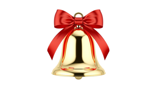 Shiny golden Christmas bell adorned with a festive red ribbon and bow, presented on a transparent background. Perfect PNG for holiday marketing, greeting cards, decorations, and seasonal designs.