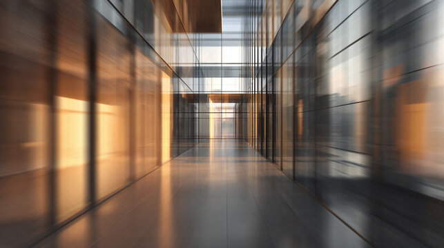 A modern building interior featuring a long corridor with glass walls and a bright light at the end