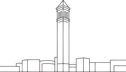 Obraz premium Black outline of a tall clock tower with surrounding buildings against a white background architecture