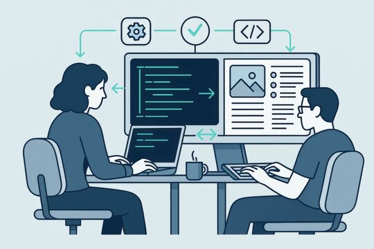 Collaborative Programming Environment with Two Developers Contributing to a Software Project Highlighting User Interface Elements and Code Interaction