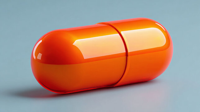 A vibrant orange capsule lies on a soft blue surface, symbolizing medication and pharmaceutical concepts