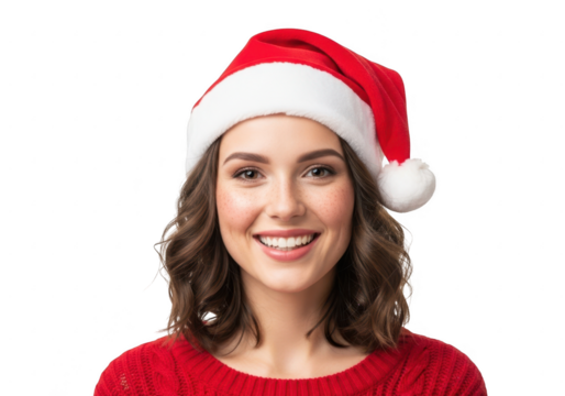 Woman wearing santa hat smiling isolated on transparent background - Powered by Adobe