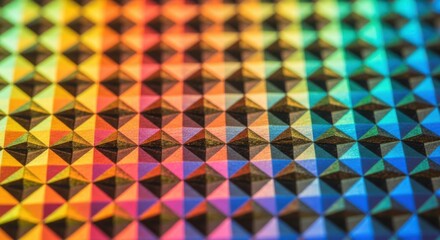 Close up of a holographic surface with a rainbow color gradient and repeating diamond pattern texture