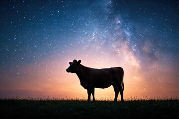 Silhouetted cow against a breathtaking starry night sky at dusk.