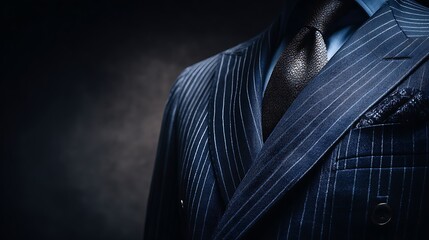 Close up of a navy blue pinstripe suit jacket with a tie and pocket square against a dark background