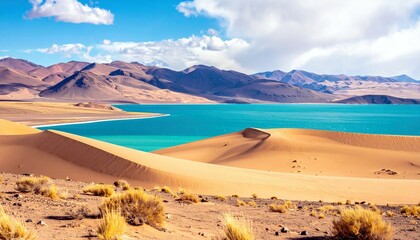 A scenic view of a desert landscape featuring rolling sand dunes in the foreground, a vibrant turquoise lake, and rugged mountains in the background under a par