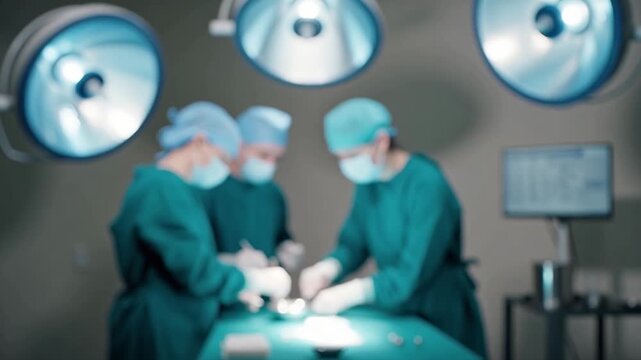 Defocused surgeons work together over an operating table as cool blue surgical lamps bloom into soft circles. Blurred sterile scene creates a calm collaborative medical atmosphere for backgrounds.