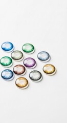Many multicolored contact lenses scattered on white table. Color vision correction. Eyecare product for vision and style. Beauty and optical concept with copy space.