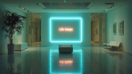 Mint neon "Life Design" glows in a minimalist setting--calm and futuristic.