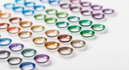 Set of various colorful contact lenses in blister packs. Eye care and cosmetic vision correction product. Ophthalmology and beauty concept.