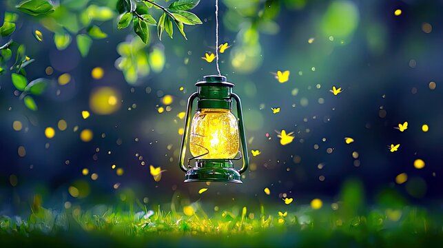 A vintage green lantern hangs from a tree branch, surrounded by glowing fireflies and soft, blurred lights in a dark forest.