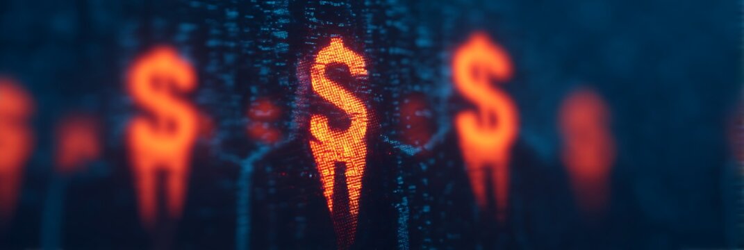 A close-up of illuminated dollar signs against a dark, textured background, suggesting themes of finance, economy, and digital currency.