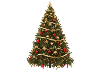 Decorated christmas tree isolated on transparent background