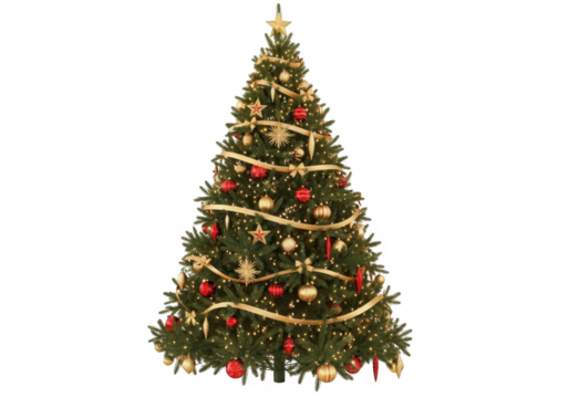 Decorated christmas tree isolated on transparent background