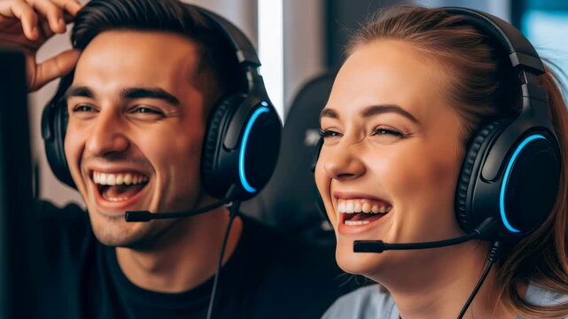 Man and woman playing video game and laughing together. Online multiplayer gaming experience with friends for esports entertainment.