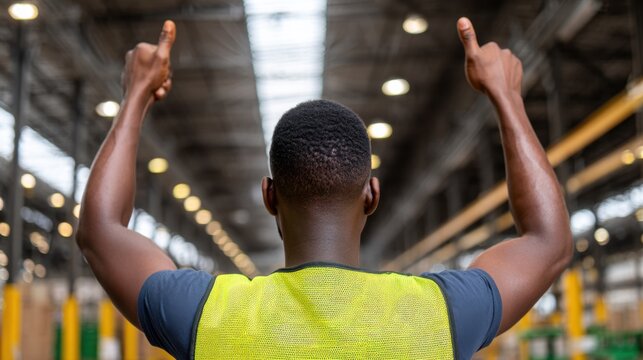 A worker in a safety vest raises both hands in approval, set in a large warehouse environment filled with industrial shelving.