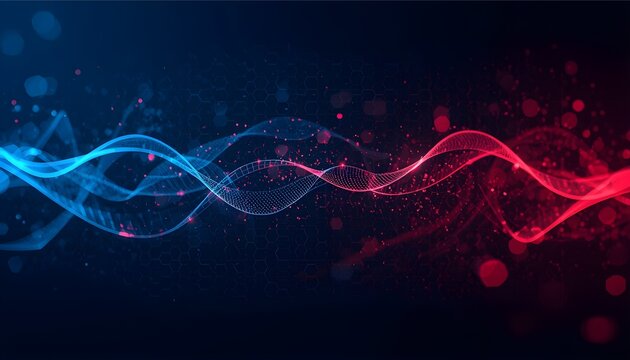 Abstract futuristic technology background with blue and red data streams. Neural network and artificial intelligence concept with hexagonal grid. AI generated