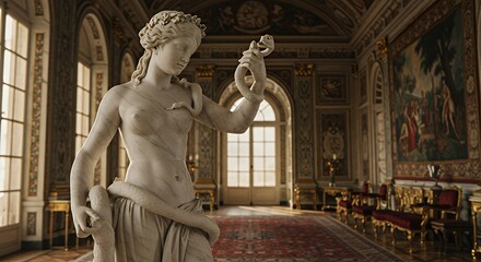 Classical Marble Statue of Woman with Snake in Ornate Historic Room