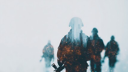 A haunting double exposure image of soldiers amid an ethereal backdrop, blending military figures with urban landscapes.