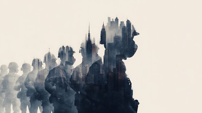 A silhouette of soldiers blends with a city skyline, creating a striking visual that conveys themes of duty and urban life.