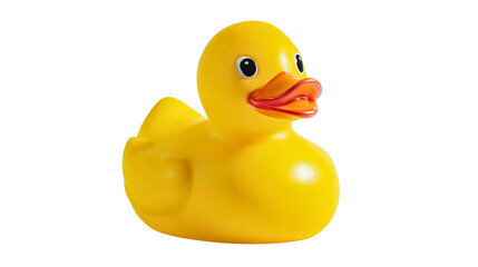 A single yellow bath duck isolated on a white background, a plastic toy bird for a shower, a floating object for a nursery, a fun rubber character for hygiene, a simple kid game accessory.