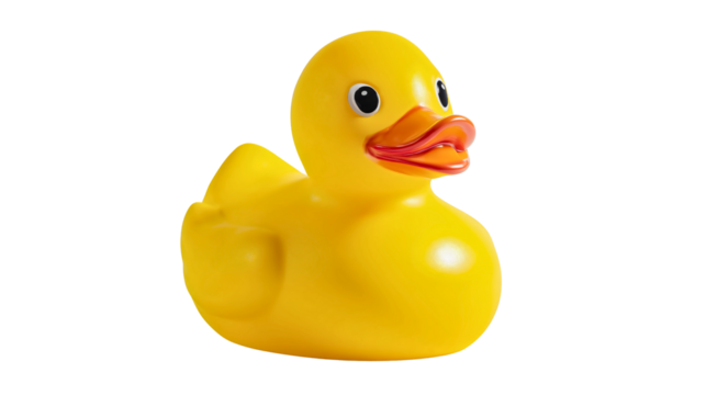 A single yellow bath duck isolated on a white background, a plastic toy bird for a shower, a floating object for a nursery, a fun rubber character for hygiene, a simple kid game accessory.