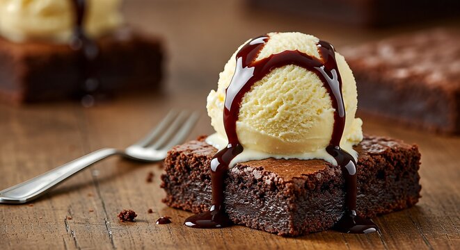Close-up shot of a delicious brownie topped with vanilla ice cream and chocolate syrup.