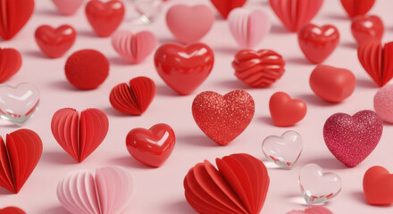 Assortment of red and pink hearts on a pink background