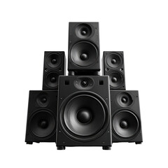 Fototapeta premium Stacked black audio speakers, forming a pyramid shape. High-fidelity sound system