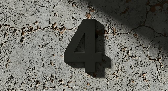 Number Four Sign on Cracked Concrete Wall in Shadowy Light