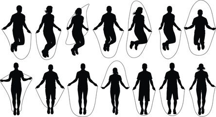 Jump rope silhouette, fitness vector illustration, cardio workout pose, black figure design, exercise motion art, healthy activity shape, training concept