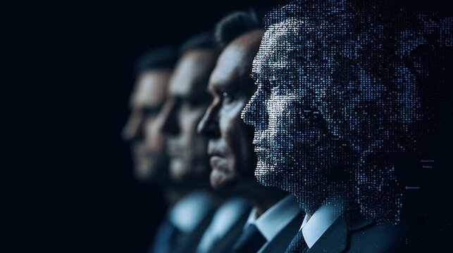 The image features four profiles of men with a digital overlay, suggesting themes of technology, identity, and data.