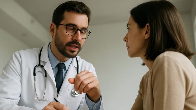 Male doctor in white coat having a conversation with female patient. He pointing his finger to emphasize point, while patient looking at him with concerned expression. Woman is listening attentively