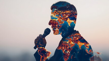 A silhouette of a speaker holding a microphone, overlaid with a vibrant, colorful global map, symbolizing global communication and connection.