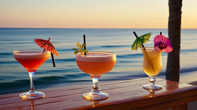 Three colorful cocktails on wooden table with sunset view over sea, for relaxing evening. Refreshing tropical drinks with umbrellas and garnishes, on picturesque ocean backdrop. Vacation atmospherecol