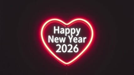 Neon Red Line Heart with “Happy New Year 2026” Glow on Black Background, New Year Celebration, New Year 2026 Gift, New Year Wishes, Happy New Year 2026. New year Cinematic video.
